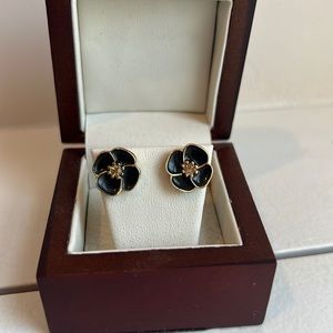 Kate Spade black and gold flower earrings with diamond center stone
